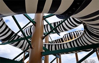 Up close shot of the twisting Zebra water slide.